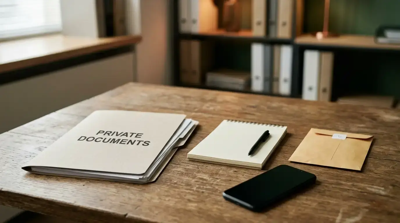 A closed folder of obscured identity papers beside a blank support notebook, a phone and a secure document envelope