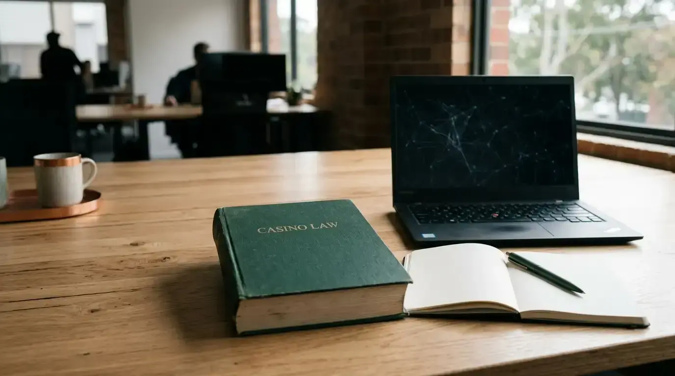 A desk with a closed law book, a laptop showing an abstract network diagram and a blank notebook