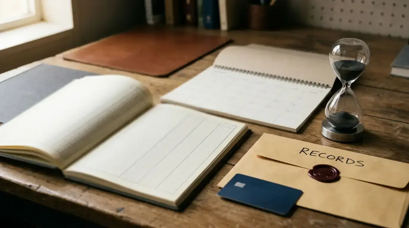 A neutral desk calendar beside a blank transfer ledger, a closed document folder and a small hourglass