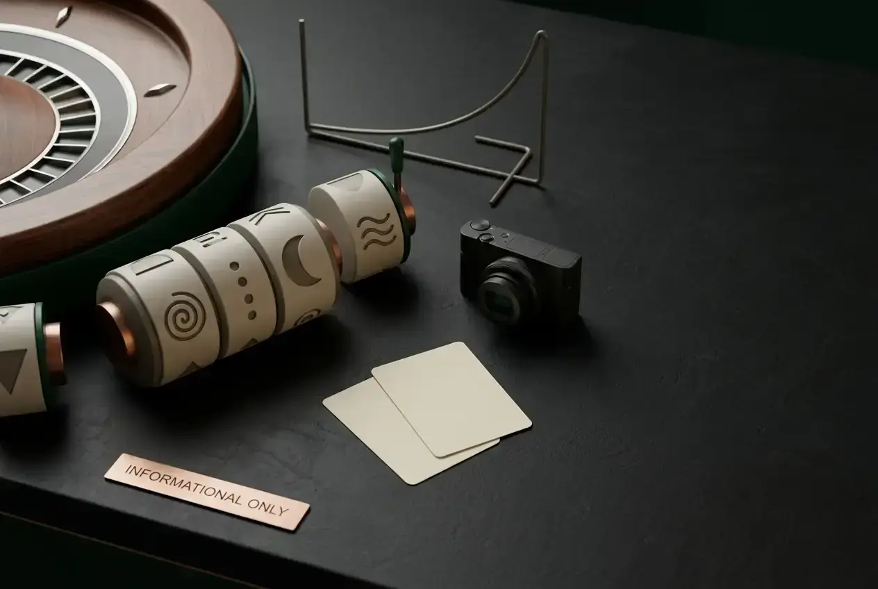 Abstract slot reels, a roulette wheel edge, playing cards and a studio camera on a dark tabletop