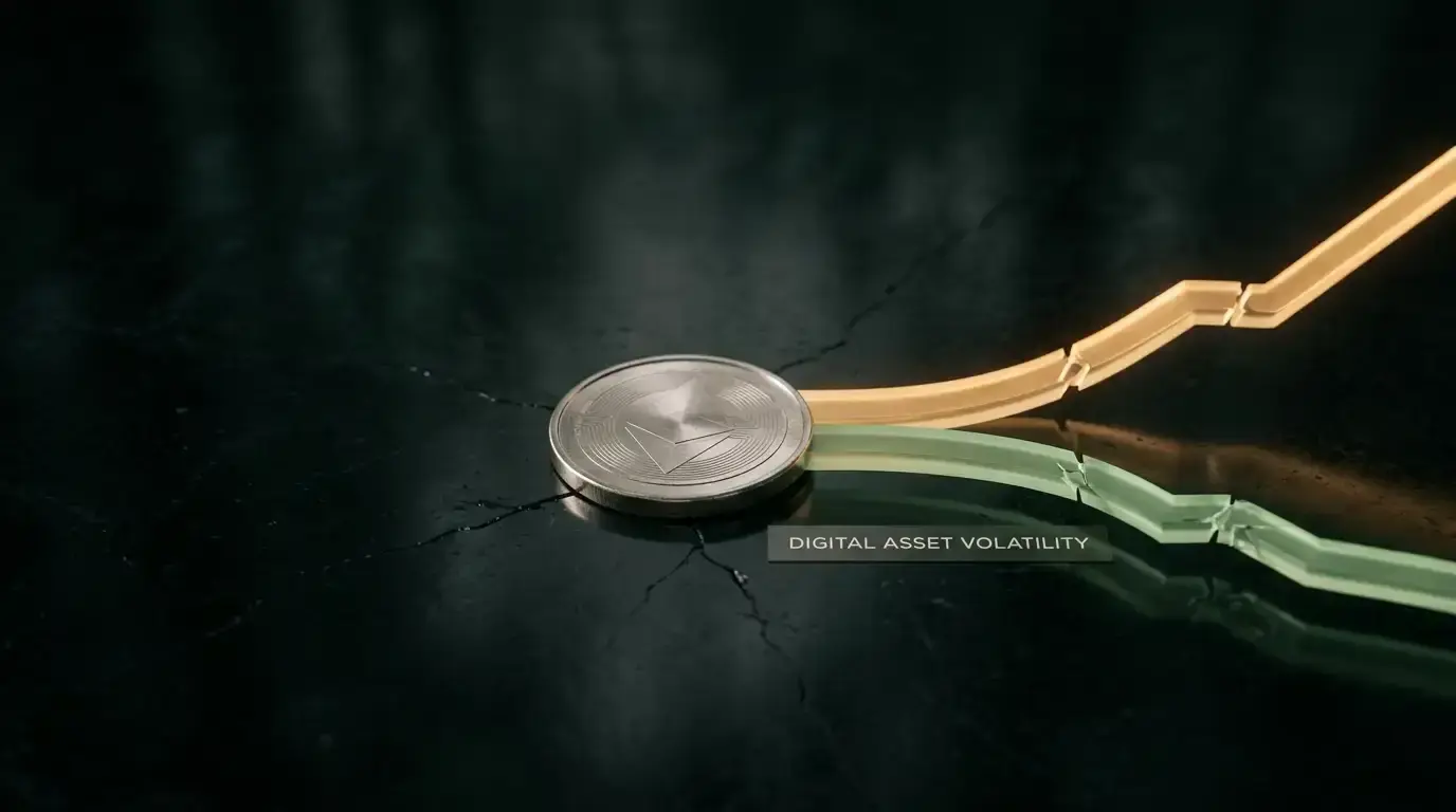 An abstract digital token beside diverging amber and green light trails