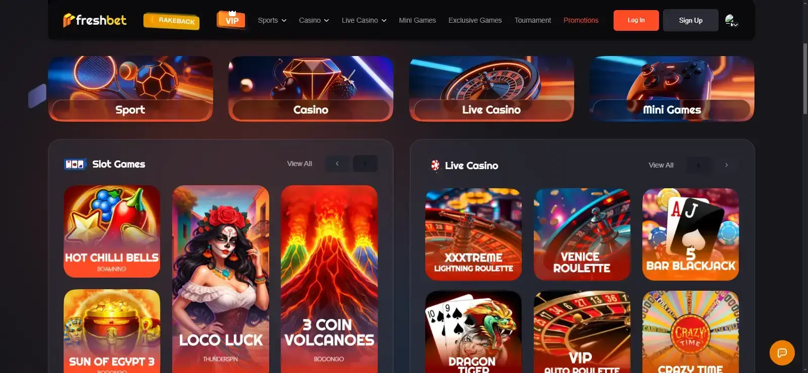 Freshbet homepage showing the casino navigation and game catalogue interface