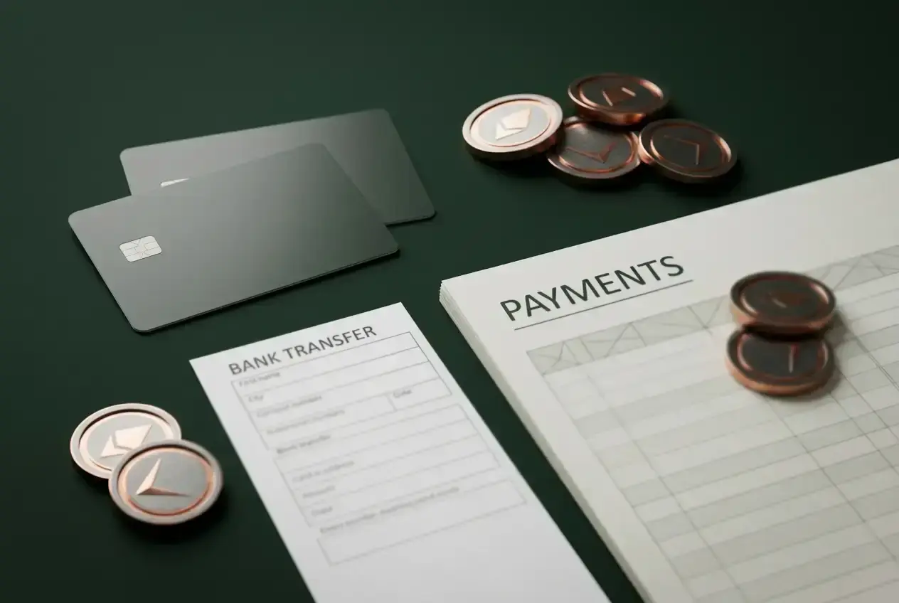 Unbranded payment card shapes, a bank-transfer document and abstract cryptocurrency tokens arranged on a desk